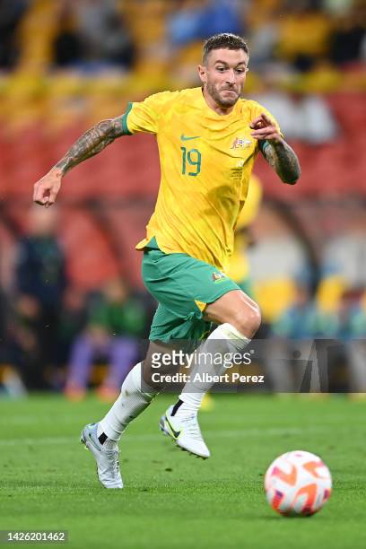 Adam Taggart of Australia in action during the International Friendly match between the Australia Socceroos and the New Zealand All Whites at Suncorp...