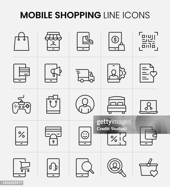 mobile shopping line icons - gaming setup stock illustrations