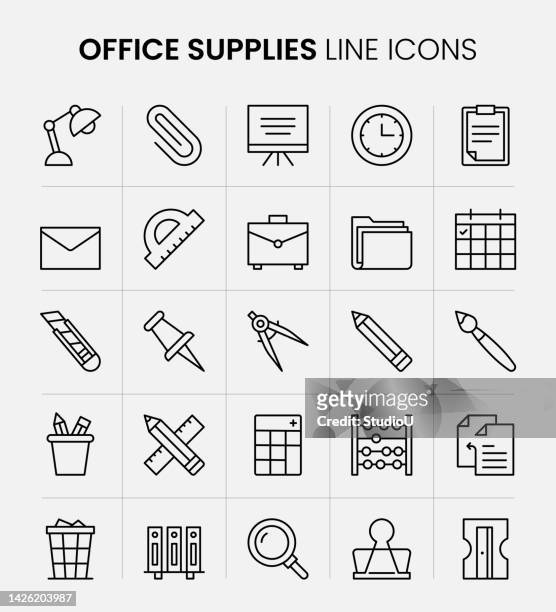 stockillustraties, clipart, cartoons en iconen met office supplies line icons - pencil sharpener
