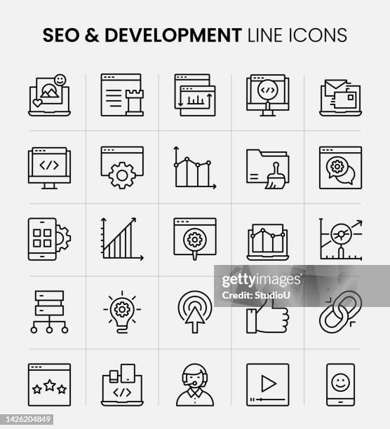 seo and development line icons - content development stock illustrations