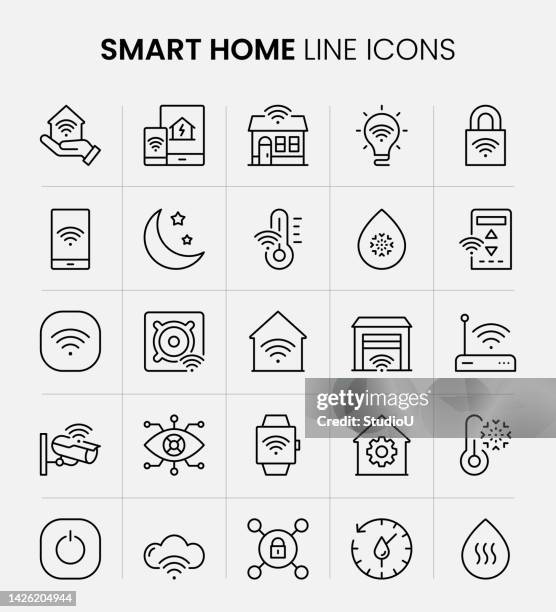 smart home systems line icons - living room wallpaper stock illustrations