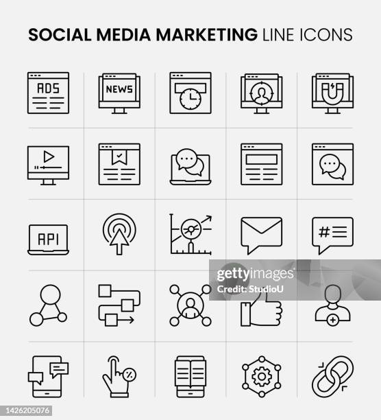 social media marketing line icons - programmierschnittstelle stock-grafiken, -clipart, -cartoons und -symbole