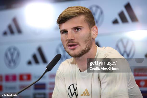 Timo Werner talks to the media during a Germany press conference at DFB-Campus on September 22, 2022 in Frankfurt am Main, Germany.