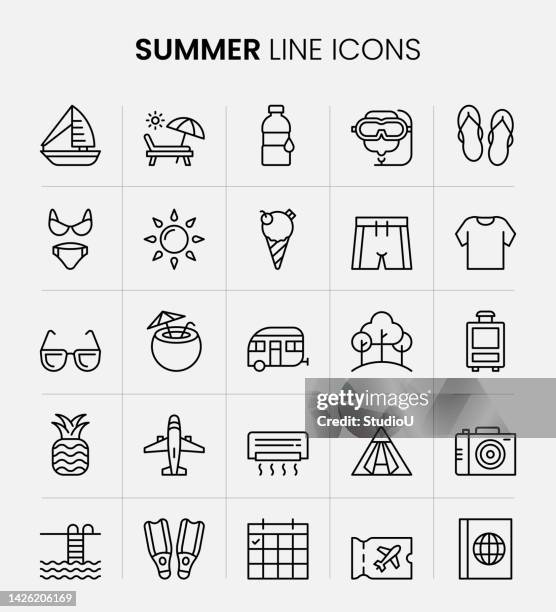 ilustraciones, imágenes clip art, dibujos animados e iconos de stock de iconos de la línea de verano - máscara de submarinismo