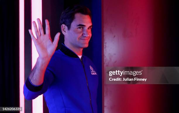 Roger Federer of Team Europe waves ahead of the Laver Cup at The O2 Arena on September 22, 2022 in London, England.