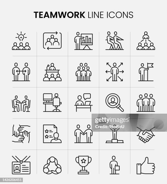 teamwork liniensymbole - geschäftsbeziehung stock-grafiken, -clipart, -cartoons und -symbole