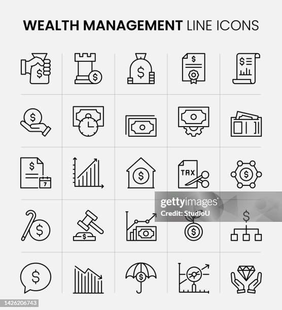 stockillustraties, clipart, cartoons en iconen met wealth management line icons - stock certificate