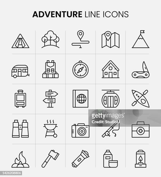 adventure line icons - bergsteiger mit karte und rucksack stock-grafiken, -clipart, -cartoons und -symbole