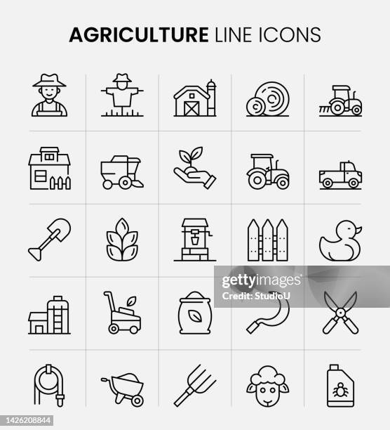 agriculture line icons - harrow agricultural equipment stock-grafiken, -clipart, -cartoons und -symbole