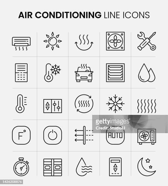 symbole der klimaanlagenlinie - heat temperature stock-grafiken, -clipart, -cartoons und -symbole
