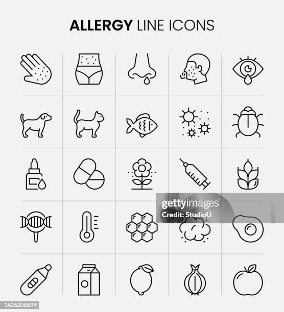 ilustraciones, imágenes clip art, dibujos animados e iconos de stock de iconos de línea de alergia - ojos rojos