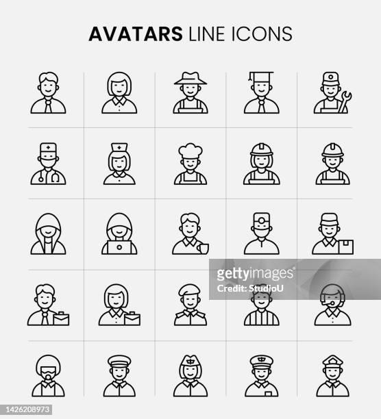 ilustraciones, imágenes clip art, dibujos animados e iconos de stock de iconos de línea de avatares - uniform