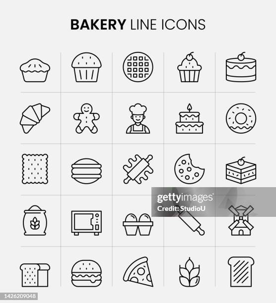 bäckerei linie symbole - waffel kuchen und süßwaren stock-grafiken, -clipart, -cartoons und -symbole