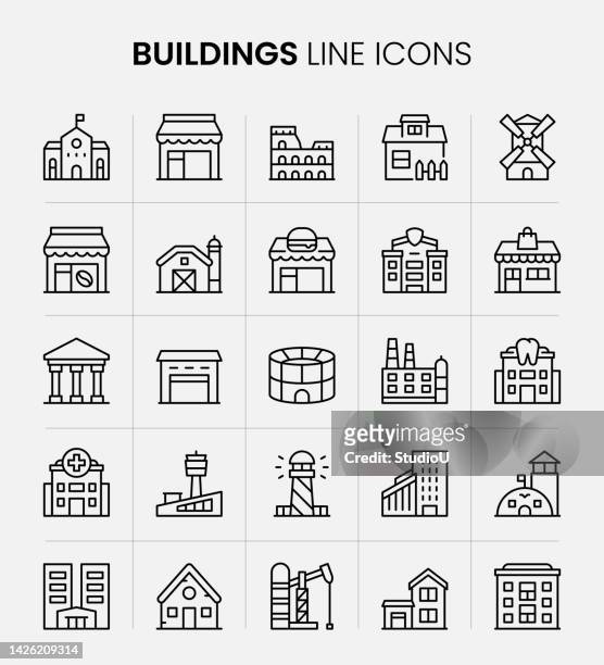 buildings line icons - town hall vector stock illustrations