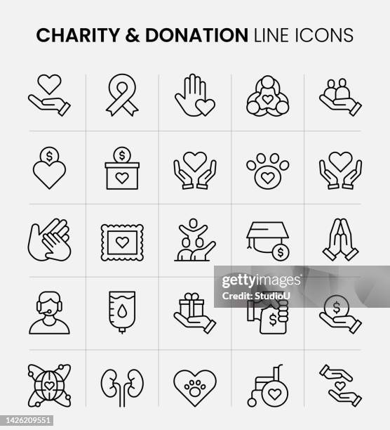 illustrazioni stock, clip art, cartoni animati e icone di tendenza di icone della linea di beneficenza e donazione - sponsor