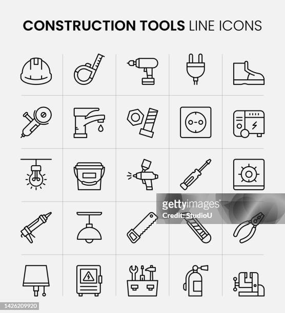ilustraciones, imágenes clip art, dibujos animados e iconos de stock de iconos de línea de herramientas de construcción - grind