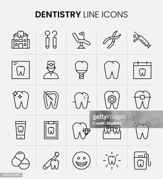 dentistry line icons - dental drill 幅插畫檔、美工圖案、卡通及圖標