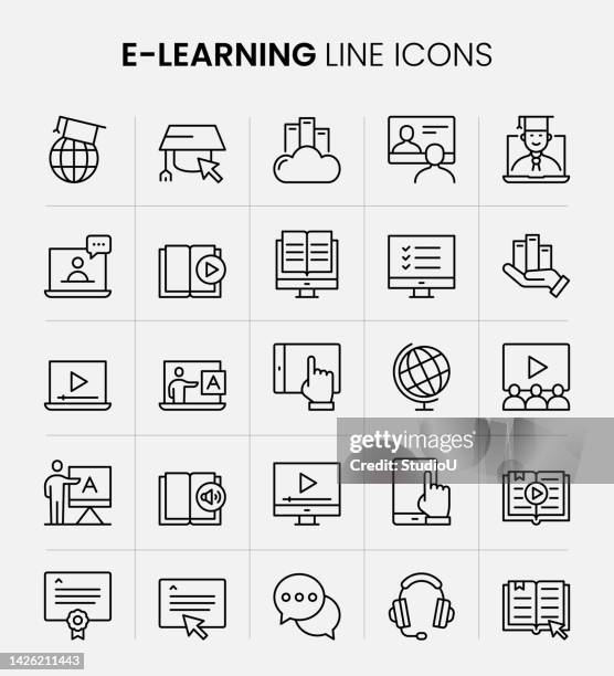 e-learning line icons - school tablet stock illustrations