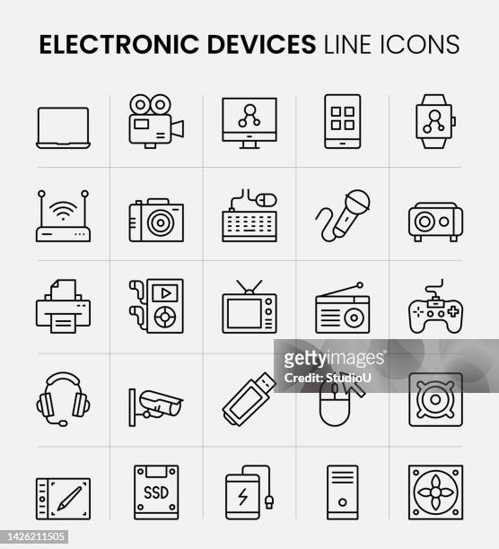 electronic devices line icons - vertical tv stock illustrations