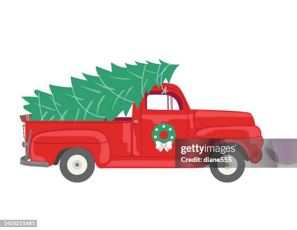 old pickup truck with a christmas tree isolated on a transparent background - trees clipart stock illustrations