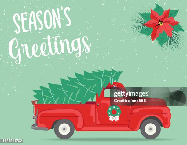 bildbanksillustrationer, clip art samt tecknat material och ikoner med old pickup truck with a christmas tree greeting card - christmas truck