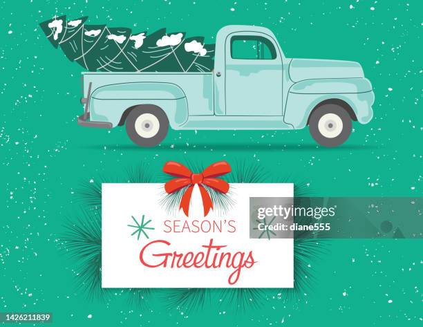 old pickup truck with a christmas tree greeting card - christmas truck stock illustrations