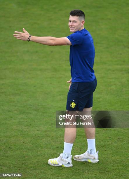 Durham bowler Matthew Potts makes a point during the warm up prior to day three of the LV= Insurance County Championship match between Durham and...