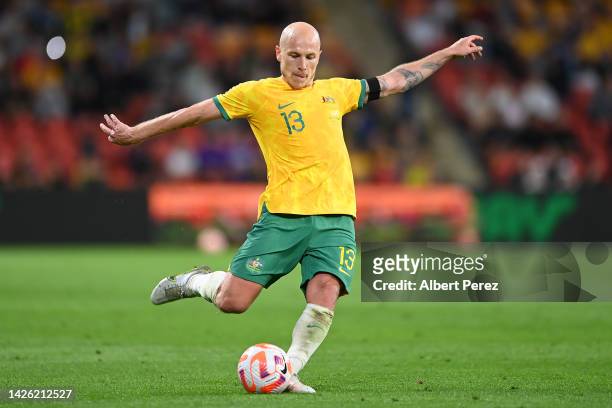 Aaron Mooy of Australia kicks the ball during the International Friendly match between the Australia Socceroos and the New Zealand All Whites at...