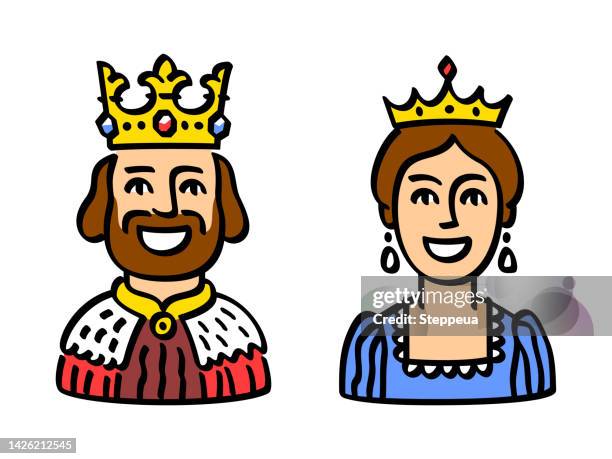 könig und königin. vektorillustration im doodle-stil - medieval queen crown stock-grafiken, -clipart, -cartoons und -symbole