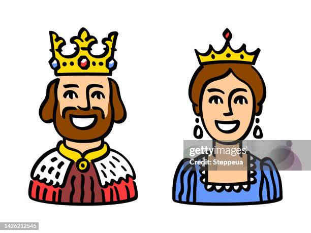 illustrazioni stock, clip art, cartoni animati e icone di tendenza di re e regina. illustrazione vettoriale in stile doodle - king