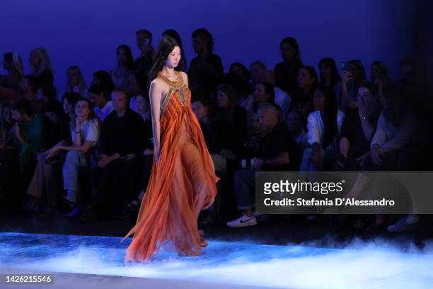 Model walks the runway of the Alberta Ferretti Fashion Show during the Milan Fashion Week Womenswear Spring/Summer 2023 on September 21, 2022 in...