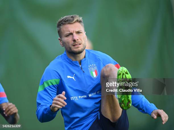 Ciro Immobile of Italy in action during a Italy training session at Centro Tecnico Federale di Coverciano on September 22, 2022 in Florence, Italy.