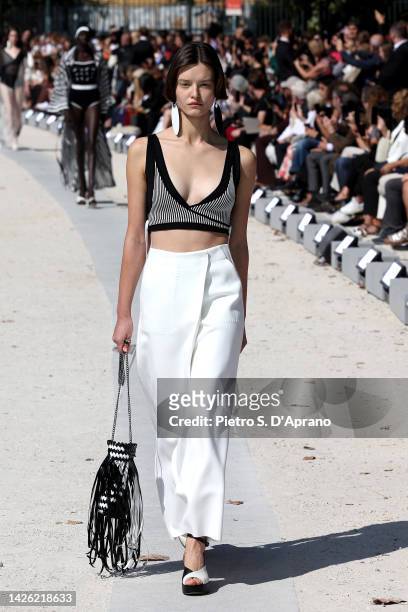 Model walks the runway at the ANTEPRIMA 30th Anniversary Spring-Summer 2023 Collection during the Milan Fashion Week Womenswear Spring/Summer 2023 on...