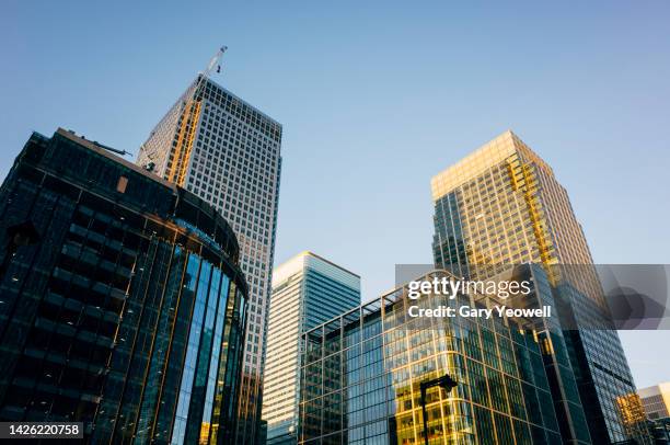 low angle view of skyscrapers in canary wharf, london - sunset on canary wharf stock-fotos und bilder