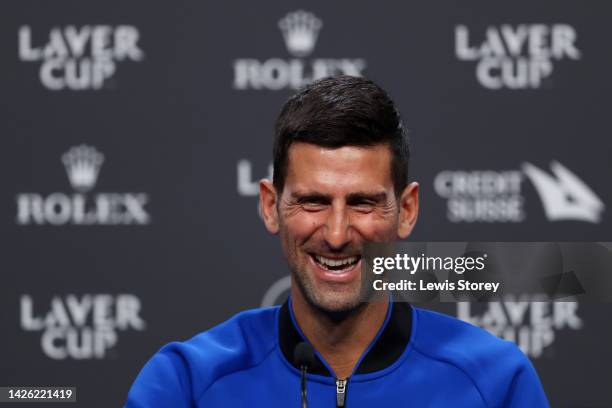 Novak Djokovic of Team Europe reacts during a Team Europe press conference ahead of the Laver Cup at The O2 Arena on September 22, 2022 in London,...