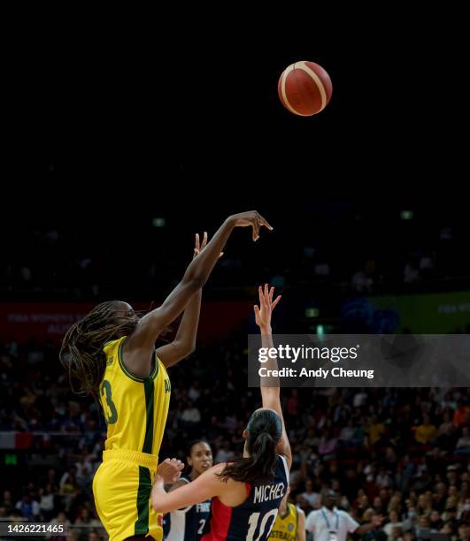 Ezi Magbegor of Australia shoots during the 2022 FIBA Women's Basketball World Cup Group B match between Australia and France at Sydney Superdome, on...