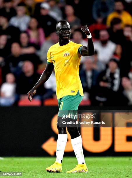 Awer Mabil of Australia celebrates after scoring a goal during the International Friendly match between the Australia Socceroos and the New Zealand...