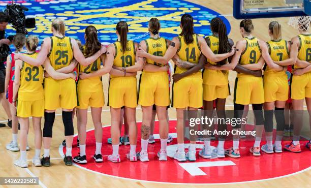 Team Australia sing national anthem ahead of the 2022 FIBA Women's Basketball World Cup Group B match between Australia and France at Sydney...