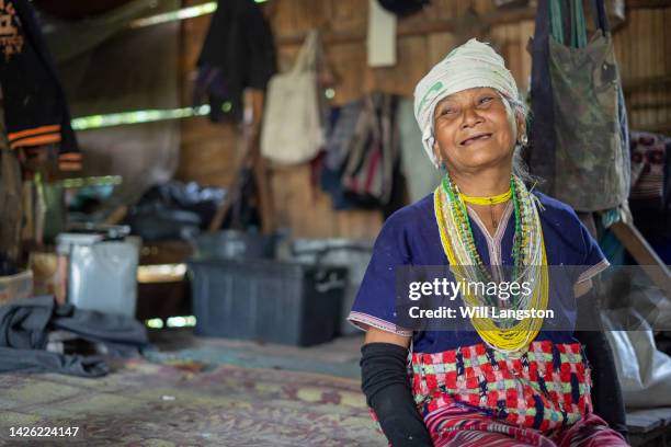 hmong hilltribe vecchia donna in casa chiang mai, thailandia - chiang rai foto e immagini stock