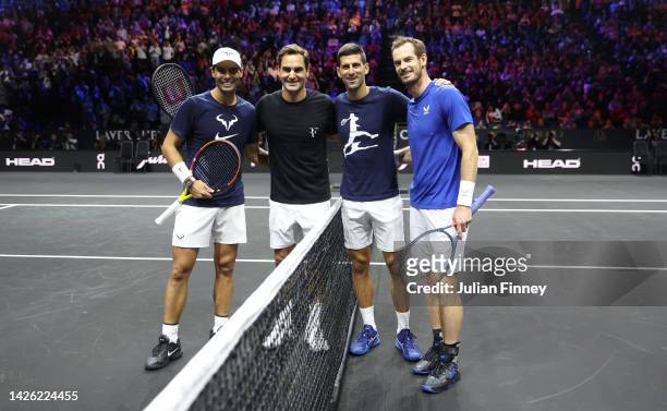 Rafael Nadal, Roger Federer, Novak Djokovic and Andy Murray of Team Europe pose for a photograph following a practice session on centre court ahead...