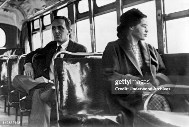 Rosa Parks seated toward the front of the bus, Montgomery, Alabama, 1956.