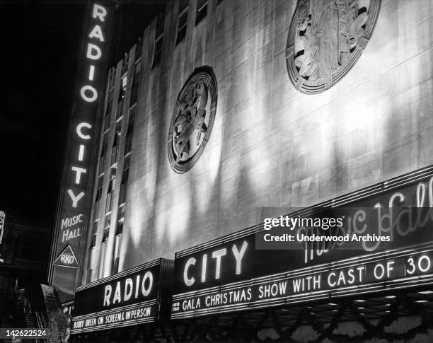 The marquee of Radio City Music Hall at Christmas in 1936, New York, New York, 1936.