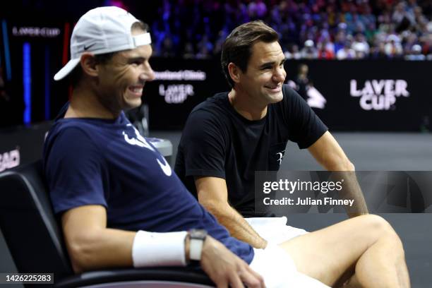 Rafael Nadal and Roger Federer of Team Europe watch on during a practice session on centre court ahead of the Laver Cup at The O2 Arena on September...