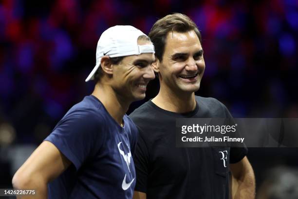 Rafael Nadal and Roger Federer of Team Europe watch on during a practice session on centre court ahead of the Laver Cup at The O2 Arena on September...