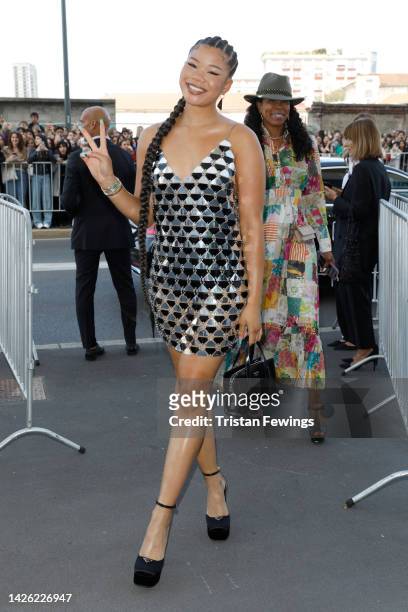 Storm Reid is seen arriving at the Prada Fashion Show during the Milan Fashion Week Womenswear Spring/Summer 2023 on September 22, 2022 in Milan,...