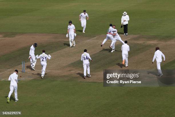 Nathan Gilchrist of Kent celebrates after taking the final wicket of Mohammad Abbas of Hampshire during day three of the LV= Insurance County...