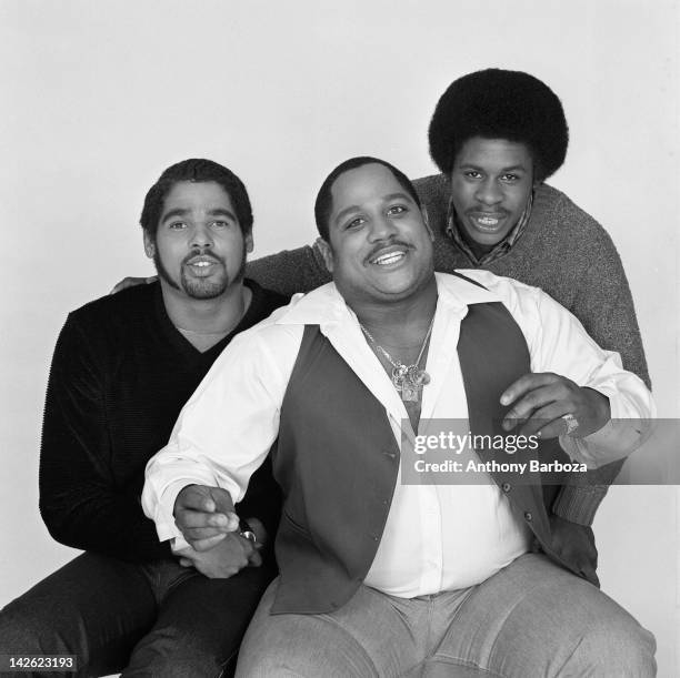 Portrait of the members of American hip hop group The Sugar Hill Gang, New York, New York, November 1980. Pictured are, from left, Michael 'Wonder...