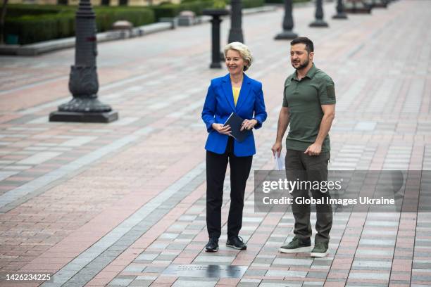 Ukrainian President Volodymyr Zelenskyi and President of the European Commission Ursula von der Leyen attend a joint press conference following their...