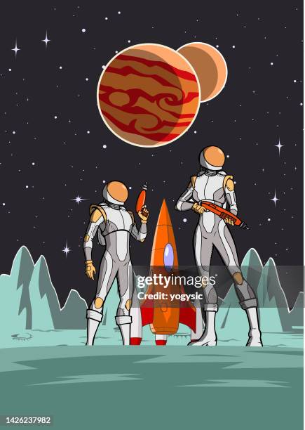 vector retro pop art astronaut on a moon poster stock illustration - retro futurism space stock illustrations