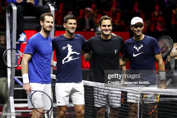 Andy Murray, Novak Djokovic, Roger Federer and Rafael Nadal of Team Europe pose for a photograph during a practice session on Centre==e Court ahead...